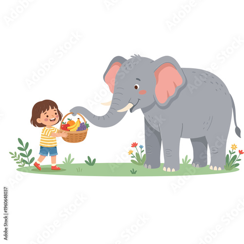 A child happily offers a basket of toys to an elephant in a field.