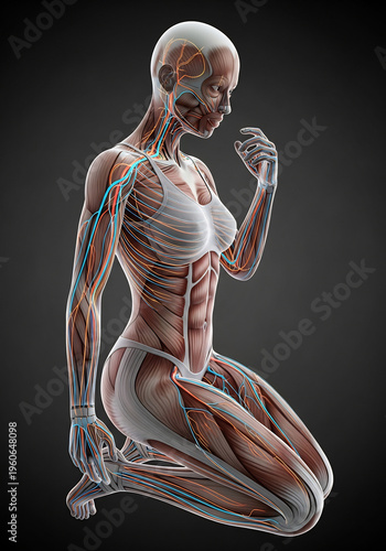 解剖学的に正確な女性の体の筋肉と血管の3Dレンダリングイラスト