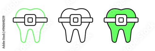 Set line Teeth with braces icon isolated on white background. Alignment of bite of teeth, dental row with with braces. Dental concept. Vector