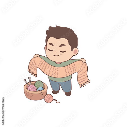 A young boy happily wrapping himself in a hand-knitted scarf next to a basket of yarns.