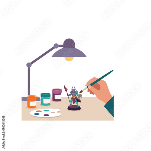 A person painting a miniature figure on a desk under a lamp with paintbrush and colors