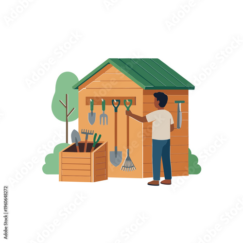 Man standing beside a wooden shed with gardening tools outdoors