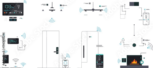 Smart home automation system flat vector illustration connected devices with wireless control security climate lighting and IoT technology concept