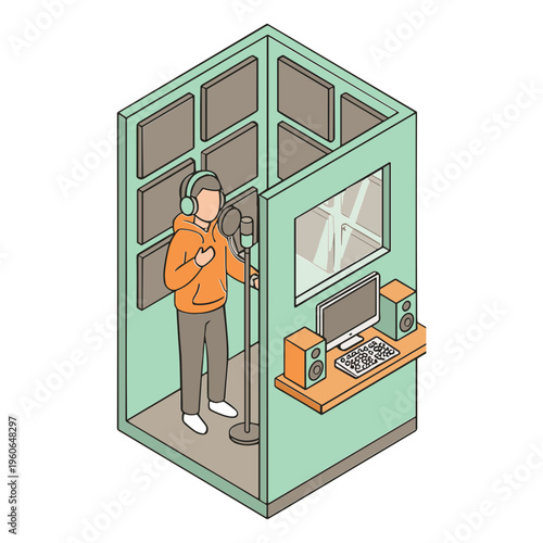 A man wearing headphones records audio in a soundproof booth with a microphone and computer.