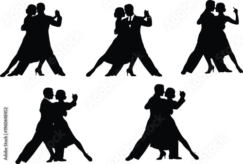 Elegant Ballroom Dance Silhouettes Set Featuring Couples Dancing Tango Waltz And Salsa In Romantic Poses For Wedding Invitation Event Promotion And Performing Arts Design