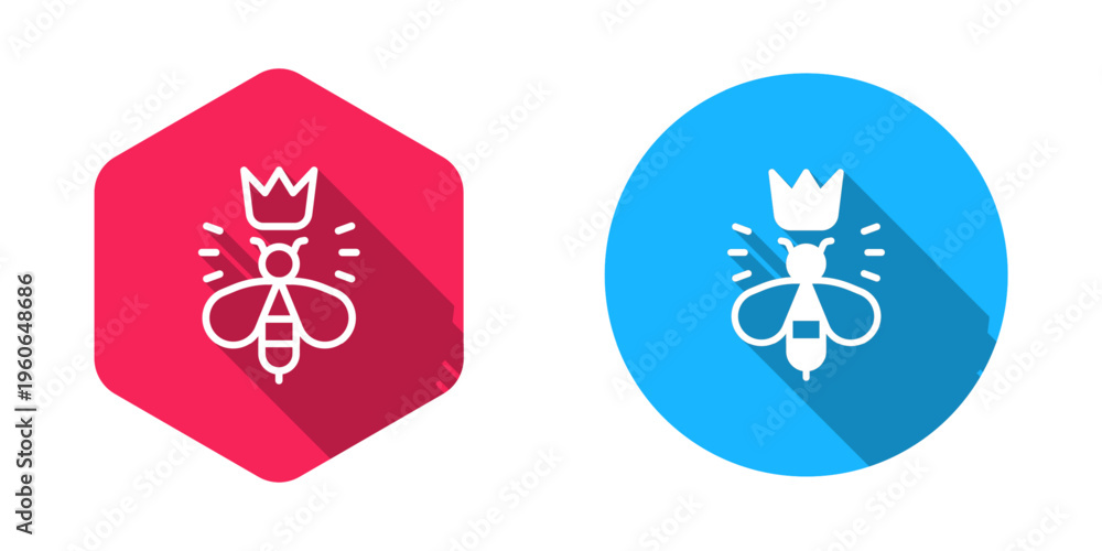 Obraz premium Filled and outline Queen bee icon isolated with long shadow background. Sweet natural food. Honeybee or apis with wings symbol. Flying insect. Vector