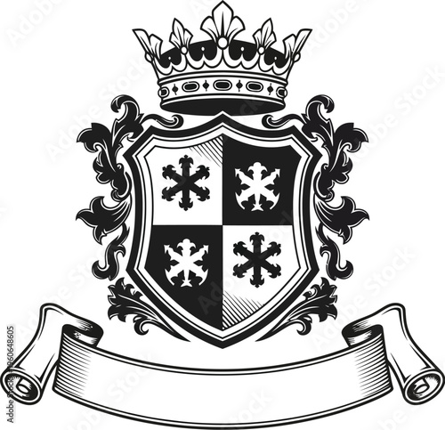 Heraldic shield with crown, snowflakes and banner on a white background