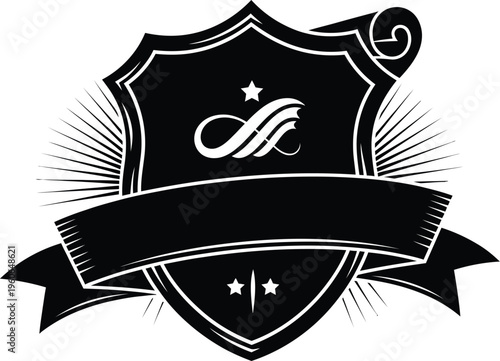 Black heraldic shield with ribbon and stars on a white background