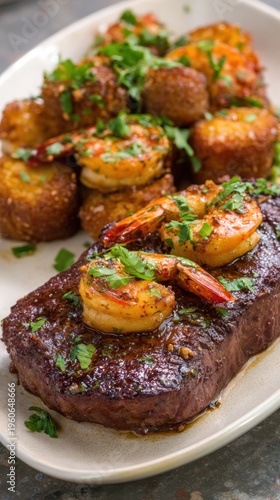 Succulent grilled steak and shrimp with crispy potato cakes and fresh garnish