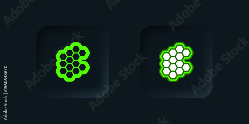 Green Honeycomb icon isolated on black background. Honey cells symbol. Sweet natural food. Black square button. Vector