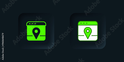 Green Infographic of city map navigation icon isolated on black background. Mobile App Interface concept design. Geolacation concept. Black square button. Vector