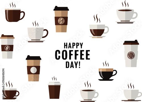 Celebrate Happy Coffee Day with a Variety of Coffee Cups and Steaming Beverages
