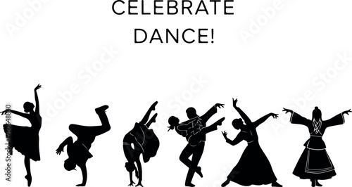 Silhouettes of diverse dancers celebrating movement and rhythm, showcasing various dance styles in dynamic poses, ideal for event promotion or artistic representation