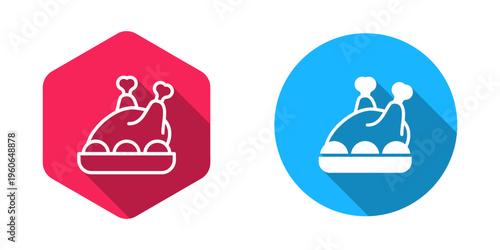 Filled and outline Roasted turkey or chicken icon isolated with long shadow background. Merry Christmas and Happy New Year. Vector