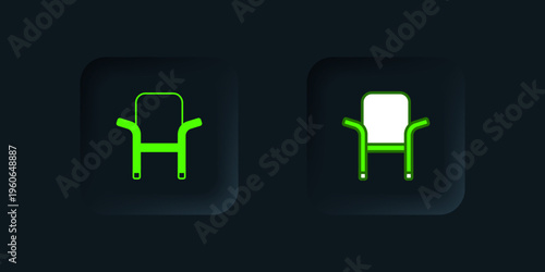 Green Camping portable folding chair icon isolated on black background. Rest and relax equipment. Fishing seat. Black square button. Vector