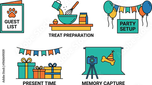 A collection of five line art icons illustrates various stages of planning and executing a pet celebration event.