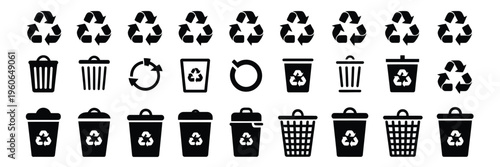 Trash recycle compost bin icons, recycling trash and compost separation icons set, eco waste sorting bin symbols, environmental protection and sustainability disposal system graphics, green living and