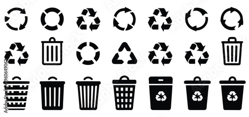 Trash recycle compost bin icons, waste segregation and sorting symbols, recycling and composting container set, eco friendly garbage disposal system indicators, environmental sustainability and green 