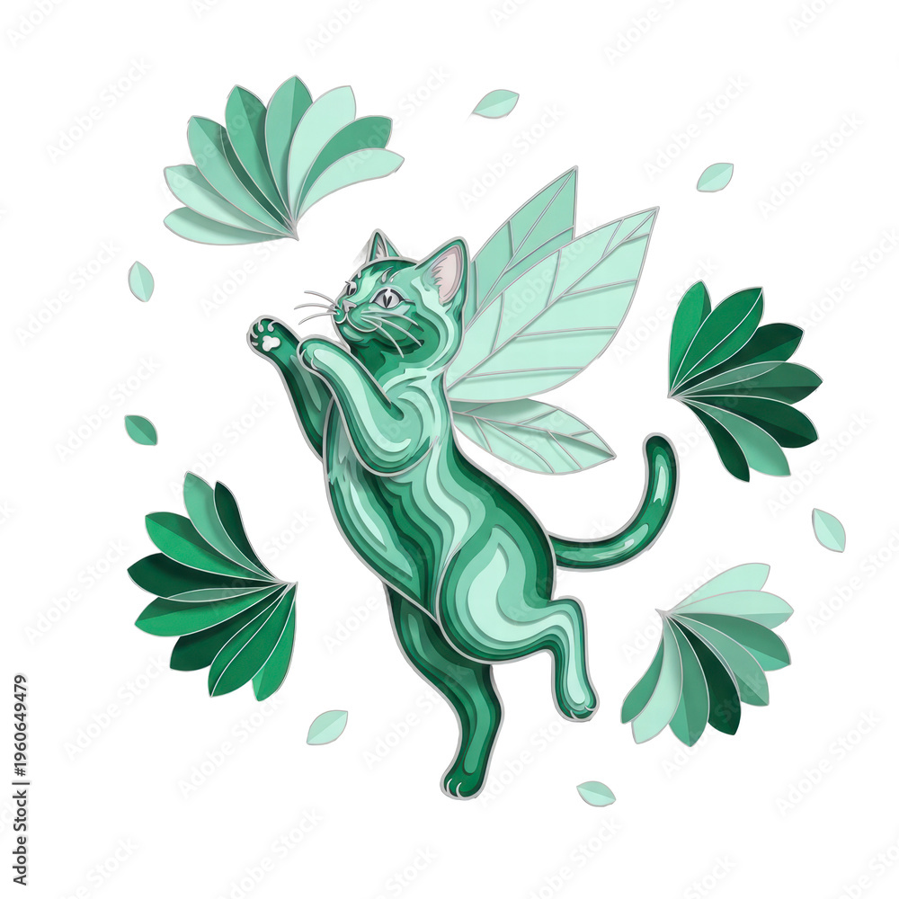 Fototapeta premium Leafy fairy cat mid flight