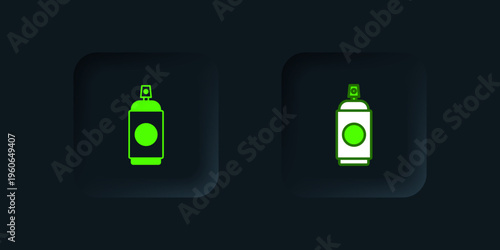 Green Paint spray can icon isolated on black background. Black square button. Vector