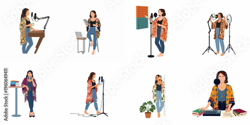 Set of eight flat illustrations featuring a woman podcasting, recording audio, and using various broadcasting equipment in a stylish home studio setting.