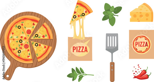 Title:
Pizza Cooking Elements Set with Melted Cheese Slice Basil Spatula Packaging Box and Fresh Ingredients Flat Vector Illustration Collection