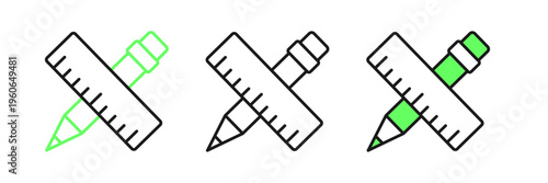 Set line Crossed ruler and pencil icon isolated on white background. Straightedge symbol. Drawing and educational tools. Vector