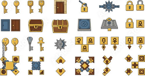 Game assets icons set flat vector illustration keys locks chests mechanisms and puzzle elements collection for UI design and gameplay