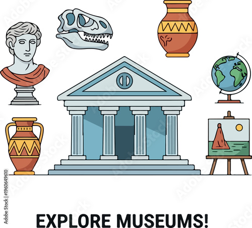 Discover the fascinating world of museums with this vibrant illustration featuring historical artifacts, a grand building, and artistic elements