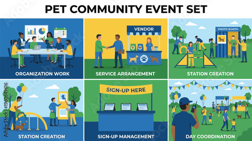 Various scenes depict the planning and execution of a pet community event set, including organization and coordination.