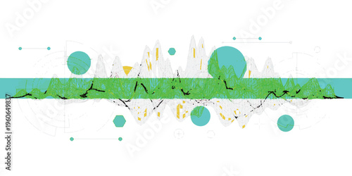 Abstract data visualization showing fluctuating sound waves with geometric shapes and bright colors