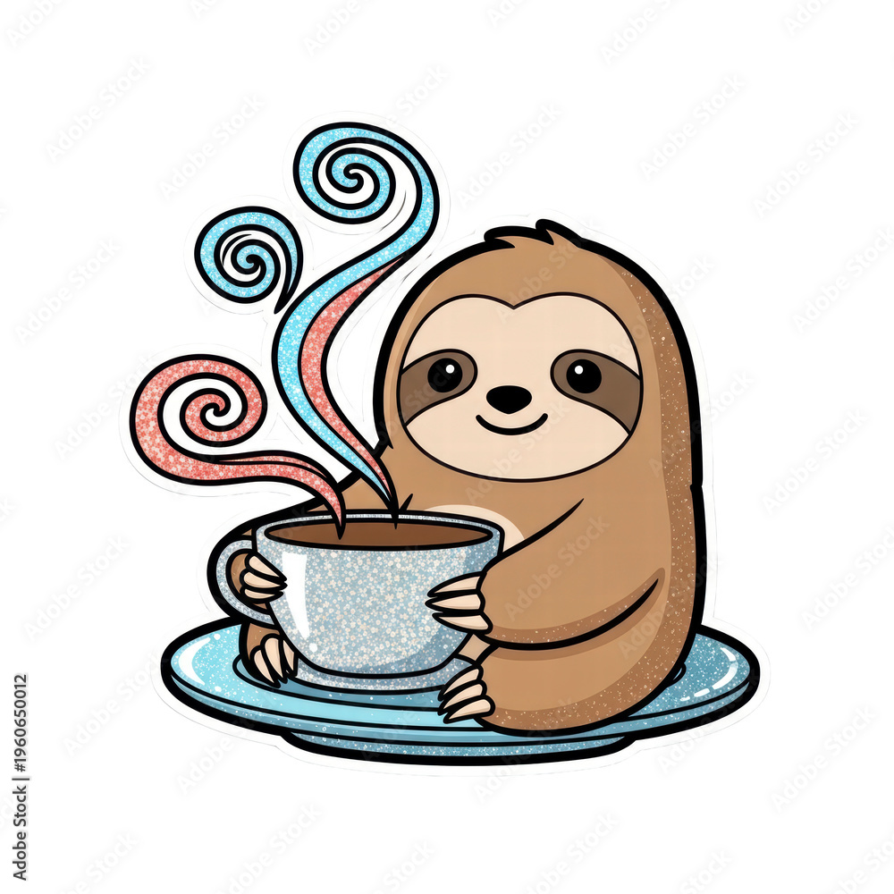 Fototapeta premium Adorable sloth hugging a steaming coffee cup