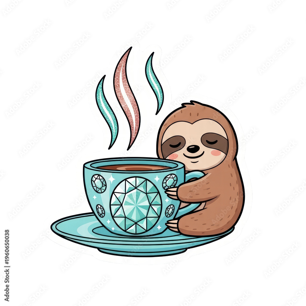Fototapeta premium Cozy sloth hugging a tea cup