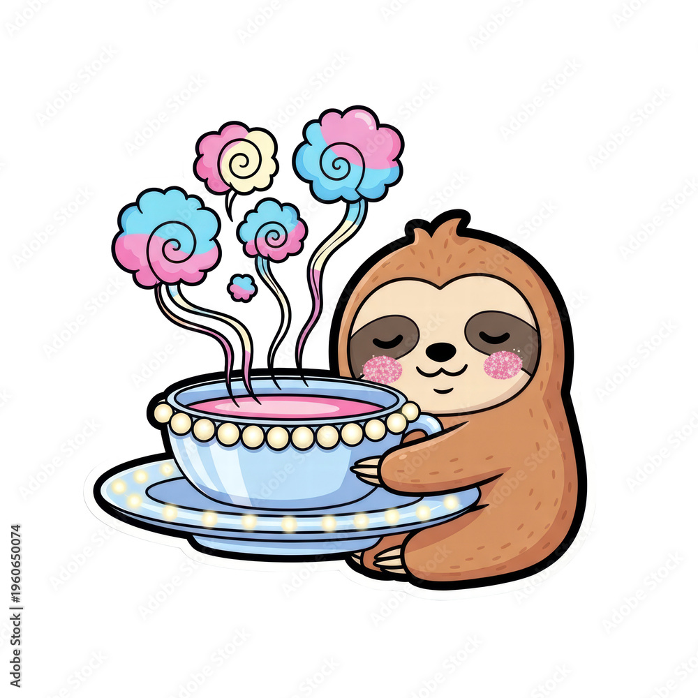 Fototapeta premium Cute sloth enjoying a magical tea cup