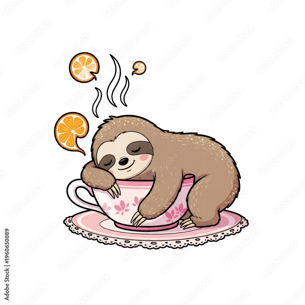 Fototapeta premium Sleepy sloth cuddled inside teacup