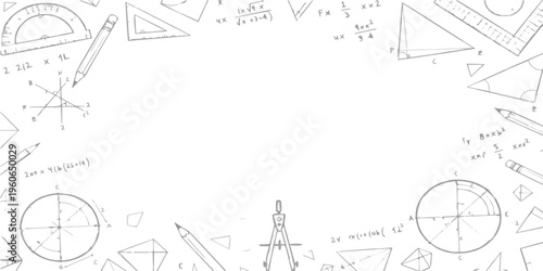 A hand drawn sketch frame featuring mathematical instruments and complex geometry equations