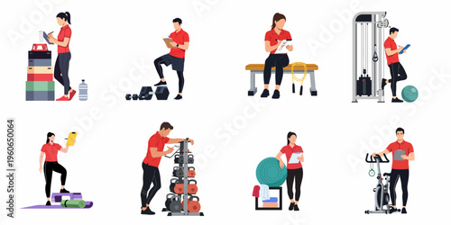 Collection of male and female fitness trainers in red uniforms using clipboards and gym equipment for workout planning and management, isolated vector illustration.