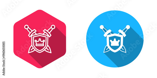 Filled and outline Medieval shield with crossed swords icon isolated with long shadow background. Vector