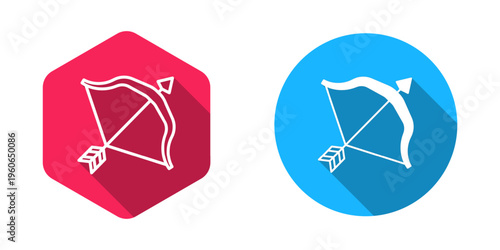 Filled and outline Medieval bow and arrow icon isolated with long shadow background. Medieval weapon. Vector