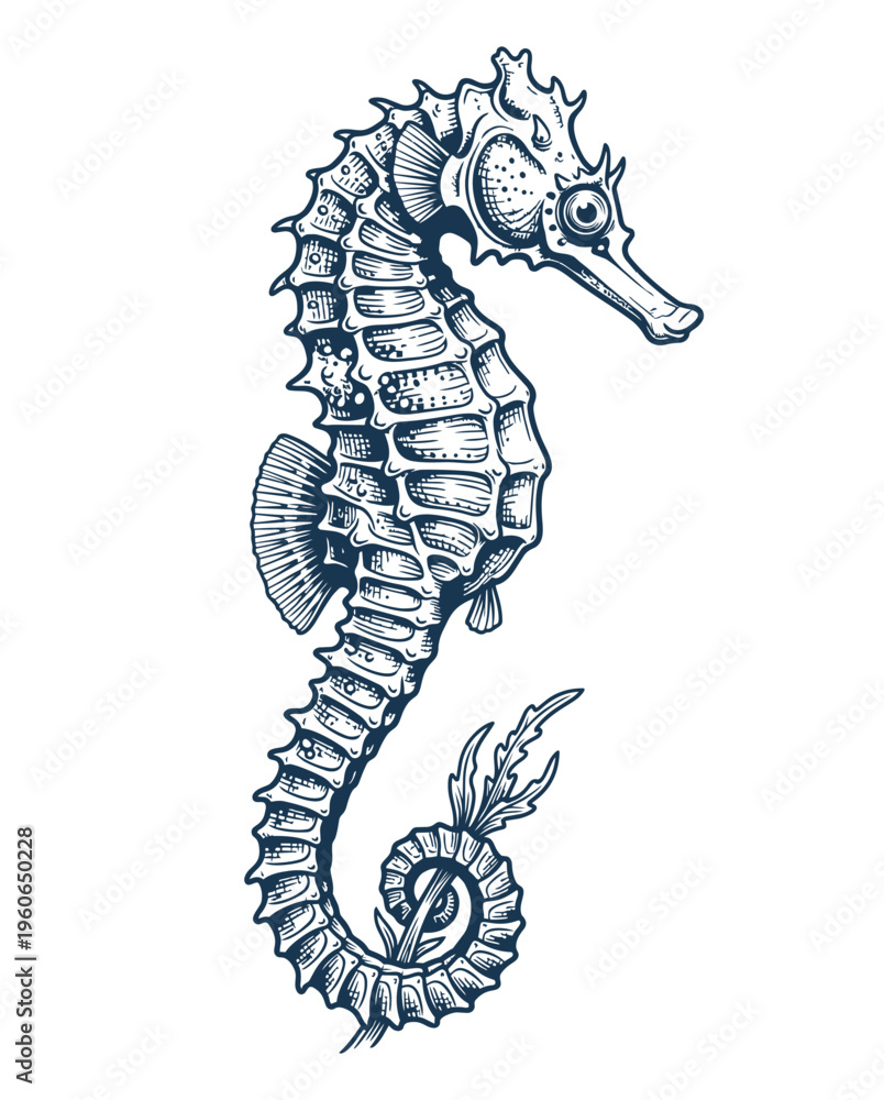 Fototapeta premium Hand Drawn Seahorse Marine Life Engraving Vector Illustration