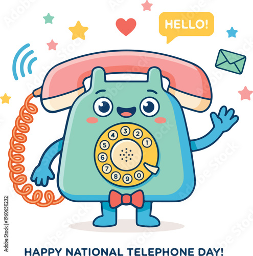 Cartoon telephone with smiling face.
