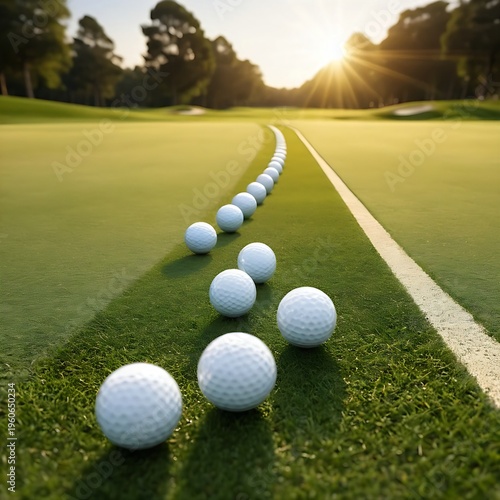 white golf balls following the contour of a bright green fairway under a warm sun.