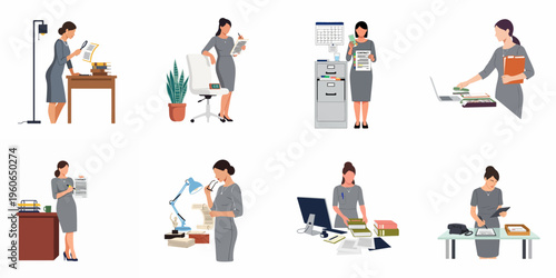 Set of eight flat vector illustrations depicting a professional business woman performing various office tasks including signing contracts, filing, and desk work.
