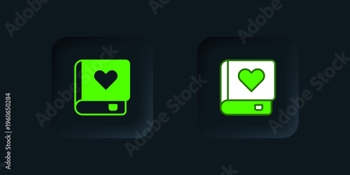 Green Romance book icon isolated on black background. Black square button. Vector