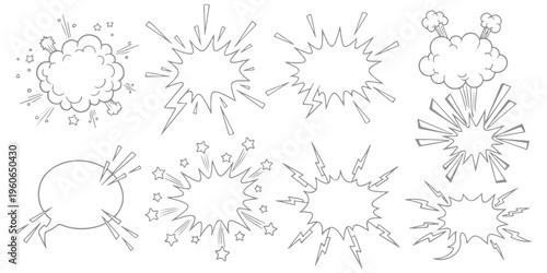 A collection of hand drawn comic book speech bubbles and explosion shapes for graphic design use