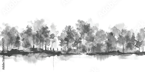 A serene grayscale watercolor painting of a lush forest landscape with small silhouetted figures
