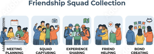 A collection of five scenes demonstrates various friendship activities including meeting, capturing moments, sharing experiences, helping, and bonding.