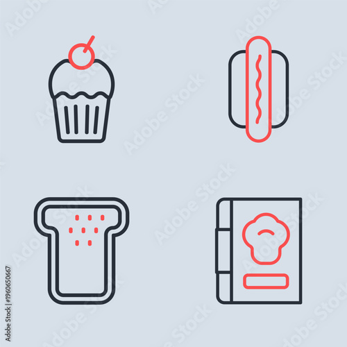 Set line Hotdog, Bread toast, Cookbook and Muffin icon. Vector