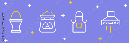 Set line Kitchen extractor fan, apron, Scales and Chicken egg stand icon. Vector