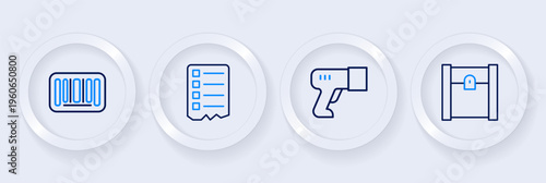 Set line Paper shopping bag, Scanner scanning bar code, Shopping list and Barcode icon. Vector